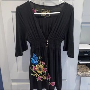Soul Revival Black Mini Dress with Floral Embroidery